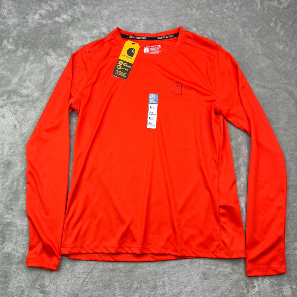 Carhartt Force Sun Defender T-Shirt Womens S Orange Solid Long Sleeve Relaxed